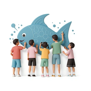 A group of four children, two boys and two girls, are gathered around a large mural on a wall. The children are wearing colorful t-shirts and shorts. One boy, wearing a red shirt and blue shorts, is holding a paintbrush and smiling as he adds vibrant colors to the giant blue fish on the wall. Next to him, a girl in a yellow shirt and green shorts is using a brush to paint the fish’s fins in shades of orange and yellow. The other boy, dressed in a green shirt and black shorts, is reaching up to add details to the fish's eye, while the second girl, wearing a pink shirt and denim shorts, is laughing as she splatters some blue paint nearby. The mural features a large, friendly-looking blue fish with intricate patterns and bubbles surrounding it, filling the wall with a lively, artistic scene.