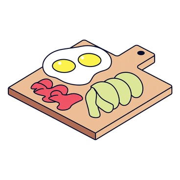 A rectangular wooden cutting board with a smooth surface. On the board are two sunny-side up eggs with bright yellow yolks, crispy pieces of bacon arranged in a fan shape, and several slices of ripe avocado with a light green hue. The items are neatly placed on the cutting board, creating a visually appealing breakfast display.