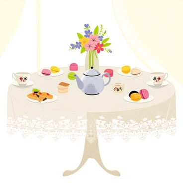 An elegant tea party setup featuring a round table covered with a delicate lace tablecloth. The table is adorned with fine china tea cups and saucers, each decorated with intricate floral patterns. A silver tea pot sits at the center, surrounded by an assortment of colorful flowers in a crystal vase. On the table, there are various delicious treats including small pastries, scones with clotted cream, and colorful macarons arranged on elegant serving platters. Soft sunlight filters through, casting a warm glow over the inviting scene.