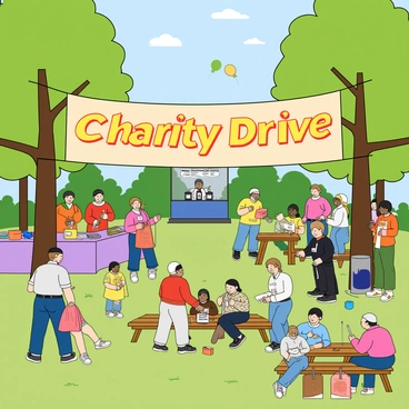 A lively outdoor charity event taking place in a sunny park setting. A large banner reads "Charity Drive" in bright colors, hanging between two trees. Groups of people are gathered around various booths, each with enthusiastic volunteers. Some individuals are donating items like clothes and toys, while others are interacting, smiling, and chatting. A small stage is visible in the background where a cheerful host is announcing prizes. Children are playing nearby, and colorful balloons float above the scene. Several picnic tables are filled with people enjoying refreshments and engaging in conversation.