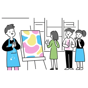 An artist, wearing a blue apron splattered with paint, stands beside a large, vibrant painting filled with abstract shapes and hues of red, blue, yellow, and green. The artist is smiling as they present the painting, which is framed in simple wood. In front of them, a small group of people, including a man in a black suit and a woman in a green dress, are clapping and expressing their appreciation. The setting is a bright, airy gallery space with white walls and natural light streaming through large windows.