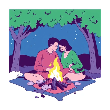 A couple is sitting close together by a campfire, with warm flames illuminating their faces. The campfire is surrounded by smooth stones, and the light casts flickering shadows on the nearby trees. The couple is nestled on a blanket, sharing a moment of intimacy, and their faces reflect the glow of the fire. Above them, a canopy of green leaves forms a natural ceiling, creating a cozy and secluded atmosphere. The night sky is visible through the gaps in the leaves, adding to the tranquility of the scene.