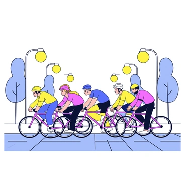 A group of cyclists riding on a wide city street. The cyclists are wearing brightly colored helmets and jerseys. Streetlights illuminate the scene with a warm yellow glow. The background shows simple outlines of buildings and trees lining the street. The cyclists are in a dynamic formation, some pedaling faster than others. The cobblestone road adds texture to the environment.