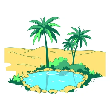 A duotone illustration features a vibrant oasis in the vast expanse of a yellow desert. In the center, there are several tall, green palm trees with lush fronds swaying gently. Surrounding the palm trees is a clear, reflective pool of water that glistens under the bright sun. The edges of the pool are lined with small stones, and scattered around are patches of vivid green grass, enhancing the scene's tranquility. The stark contrast between the yellow desert and the green oasis creates a striking visual impact.