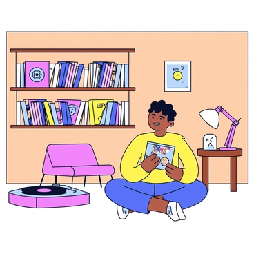 A cozy room with wooden walls and a warm, soft-colored carpet. Shelves lined with various vinyl records are visible, showcasing colorful album covers. A person is sitting cross-legged on the floor, holding an album cover, with a playful smile on their face. A turntable is placed nearby, and the needle is resting on a record, indicating the music is playing. A small lamp on a side table casts a gentle glow, enhancing the inviting atmosphere of the room.