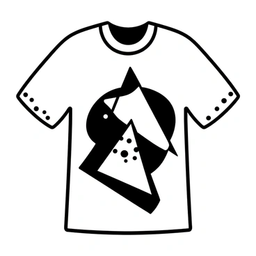 A tee shirt design featuring bold geometric shapes such as triangles, circles, and squares arranged in an eye-catching composition. The shapes overlap and intersect, creating a dynamic visual flow. Patterns are incorporated within the shapes, adding complexity to the overall design. The tee shirt has short sleeves and a round neckline, with the design centered on the front, making it the focal point of the garment.