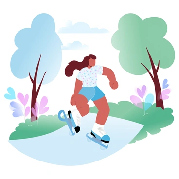 A young girl is roller skating in a park, her hair flowing behind her as she glides across the path. She is wearing a bright, colorful outfit with a patterned t-shirt and shorts. Around her, there are vibrant flowers in various shades, blooming amid the lush green grass. Tall trees provide shade in the background, their leaves rustling gently in the breeze. The scene is filled with a lively atmosphere, showcasing the girl's joy as she moves through the colorful landscape.