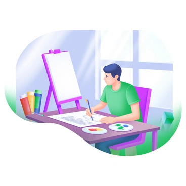 A scene showing an artist sitting at a wooden table, filling out a registration form for a painting class. The artist has a focused expression and is holding a colorful pen. Surrounding the table are various paint tubes in vibrant colors, including red, yellow, blue, and green. A few paintbrushes are scattered around, as well as a blank canvas and a palette with mixed paint. Natural light streams in from a nearby window, illuminating the workspace.
