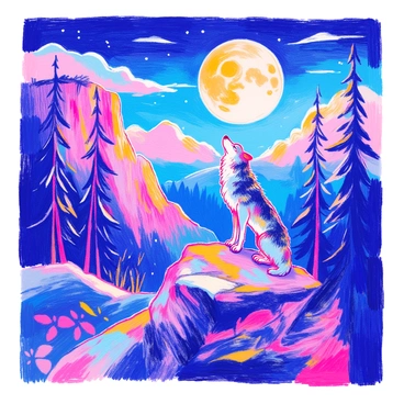 A solitary wolf stands on a rocky outcrop, its head tilted back as it howls. The wolf has a thick, dark coat with grey and black fur. Above it, a large full moon illuminates the night sky. The landscape features tall, jagged cliffs and twisted trees silhouetted against the moonlight. Swirling clouds float through the sky, casting shadows on the ground below. The scene captures the stark beauty of a desolate wilderness at night.
