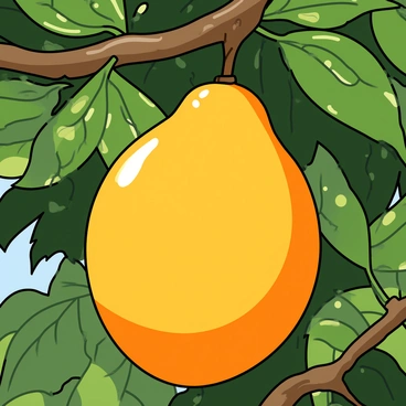 A large, ripe mango with a vibrant yellow-orange skin is hanging from a sturdy branch. The mango is perfectly round and smooth, reflecting the sunlight that bathes it in a warm glow. Surrounding the mango are lush green leaves, thick and glossy, creating a rich backdrop. Sunlight filters through the foliage, casting playful dappled shadows on the mango and branch. The entire scene is filled with a sense of vitality and freshness.