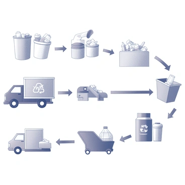 An educational infographic illustrating the journey of plastic waste. The top section depicts consumers disposing of plastic items in recycling bins. Below, an arrow indicates the movement of waste towards a collection truck. Following this, there is a section showing the waste being transported to a recycling facility. The infographic includes various stages, such as sorting, cleaning, and processing the plastic. Each stage is visually represented with simple icons, and clear labels describe the process. The final section shows recycled plastic being used to make new products, completing the cycle.