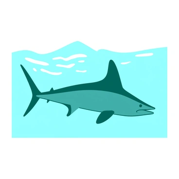 A teal shadow of a sailfish is gliding gracefully through the water, its elongated body and signature dorsal fin clearly visible from above. The water surface is calm, with gentle ripples surrounding the shadow, creating a sense of fluidity. Sunlight penetrates the surface, casting a gradient of light and dark tones beneath the water, enhancing the visual contrast of the sailfish's silhouette against the shimmering backdrop. The overall scene captures the sleek elegance of the sailfish in motion.