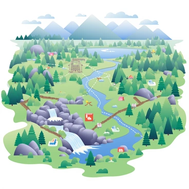 A detailed aerial view of a national park showcases a sprawling landscape. The park is filled with lush green forests, winding rivers, and rocky mountain ranges. Various landmarks are marked throughout the area, including a prominent waterfall with shimmering blue water cascading down the rocks. Hiking areas are indicated by dotted lines, leading through scenic trails that meander past colorful wildflowers and dense thickets. There are small icons representing campgrounds and picnic areas, each marked with tiny tents and tables. In the distance, a serene lake reflects the surrounding mountains under a bright blue sky dotted with fluffy white clouds.