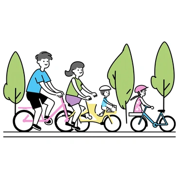 A family of four biking together along a scenic trail. The father is wearing a blue t-shirt and black shorts, riding a red bicycle. The mother, in a green tank top and denim shorts, rides a yellow bike beside him. Their daughter, wearing a pink helmet and a floral dress, is on a small purple bike, while their son, in a striped shirt and shorts, rides a blue bike. The trail is lined with tall green trees, casting dappled sunlight onto the path.