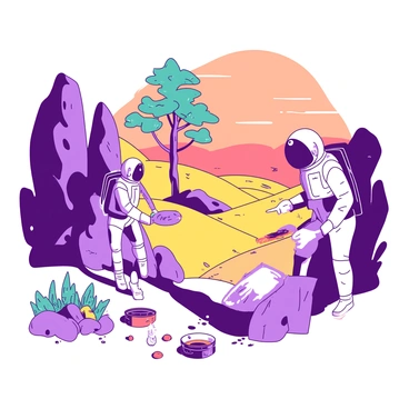 Two astronauts in sleek, white space suits are exploring a vibrant, alien planet. The landscape is filled with large, purple rock formations and rolling hills of bright yellow grass. In the distance, there are towering trees with teal leaves that contrast against the orange sky. The astronauts are collecting samples in shiny silver containers, while one of them points toward a group of unusual, glowing plants nearby. The ground is dotted with small, colorful crystals that sparkle under the light of the distant sun.
