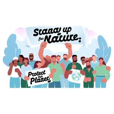 A group of diverse individuals is gathered in an outdoor setting, holding signs that read "Protect Our Planet" and "Save the Earth." The people are wearing casual clothing in various shades of green and earth tones. Some individuals are wearing hats and sunglasses. Trees are visible in the background, creating a natural atmosphere. A large banner across the scene has the text "Stand Up for Nature" in bold letters. The sky features a gradient of pastel colors, transitioning from soft blue to light pink.