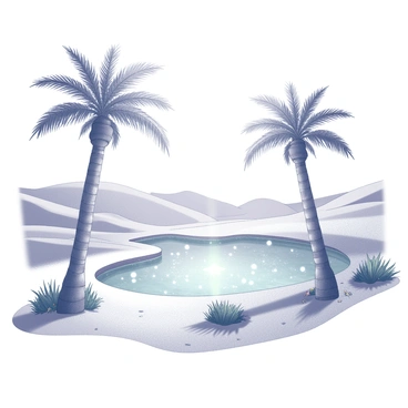 A desert oasis with water sparkling like diamonds under the hot sun
