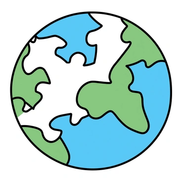 A spherical representation of "Earth," composed of various jigsaw puzzle pieces. The continents and oceans are depicted with detailed colors, showcasing green for land and blue for water. Several puzzle pieces are distinctly missing, revealing the background color underneath, which is a neutral shade. The edges of the puzzle pieces are smooth, and each piece is uniquely shaped, fitting together with the neighboring pieces.
