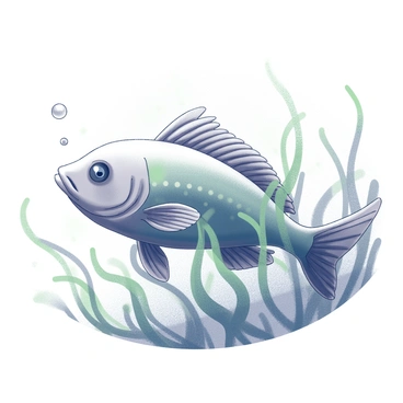 A fish resembling seaweed is camouflaged among flowing ocean currents. Its body has elongated, waving fins that mimic the appearance of seaweed fronds. The fish is partially obscured by strands of green algae and other aquatic plants, blending seamlessly into its surroundings. Sunlight filters through the water, creating patterns of light and shadow that dance across the fish's form. Bubbles rise gently from the ocean floor, contributing to the underwater scene's liveliness.