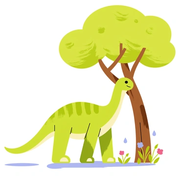 An iguanodon with green scales standing under a large leafy tree. The dinosaur has a prominent thumb spike and a low posture, with its tail resting on the ground. Gentle raindrops are falling, creating small ripples on puddles nearby. The tree's leaves are vibrant and glisten with moisture from the rain, reflecting soft light. A few flowers can be seen growing at the base of the tree, adding color to the scene.