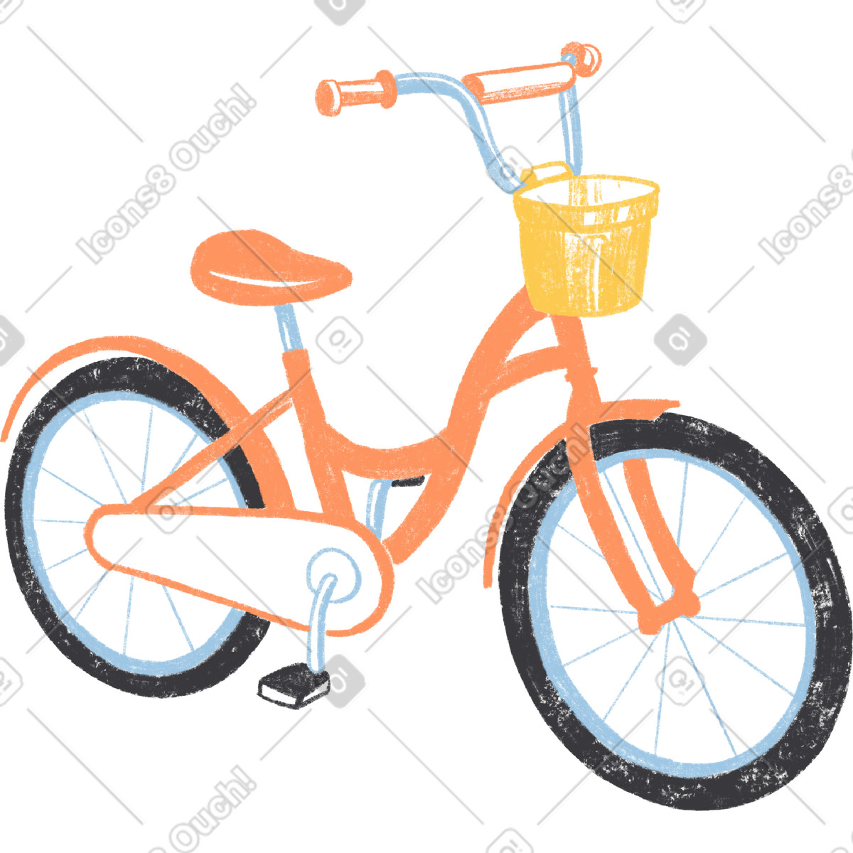 Orangefarbenes fahrrad mit gelbem korb-Illustration im Chalky-Stil als Download in PNG, SVG