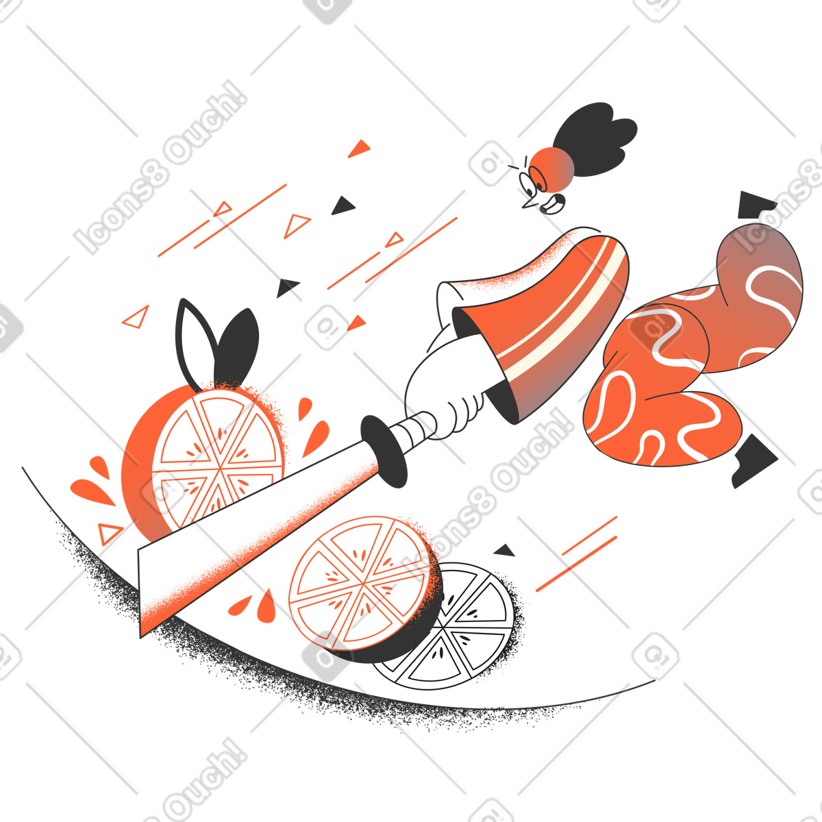 Woman cutting fruit with a sword illustration in PNG, SVG