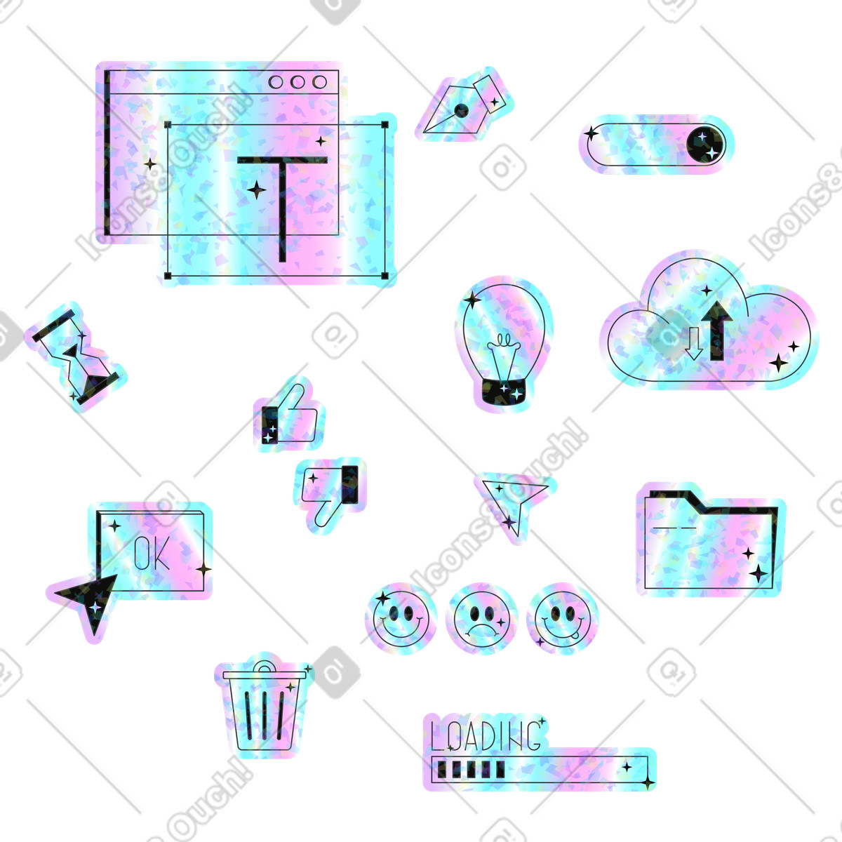 下载 Holostickers 风格的 Web 元素贴纸包 插画，支持 PNG、SVG 格式