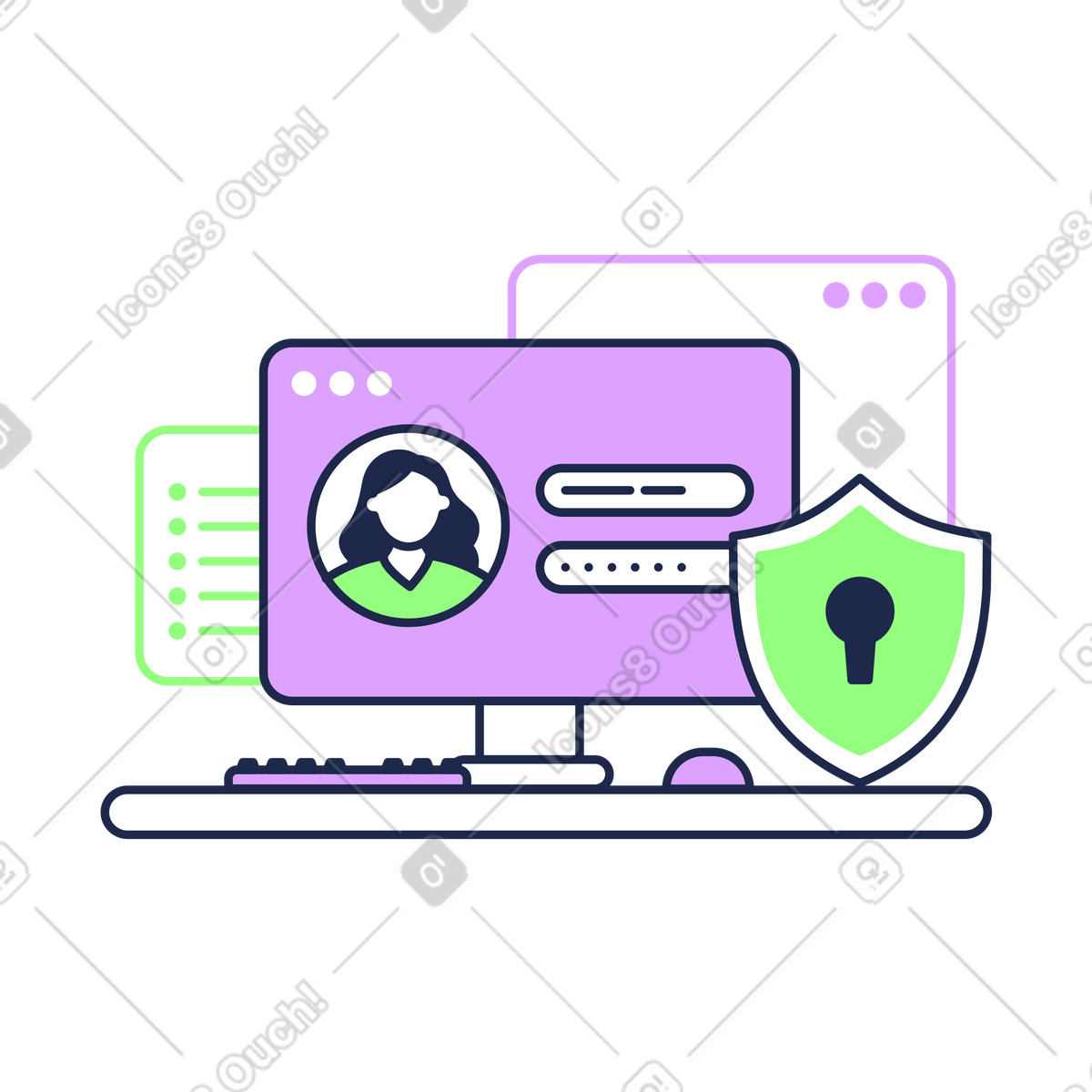 Computer screen with registration form, Online user sign up process illustration in Outline style download in PNG, SVG