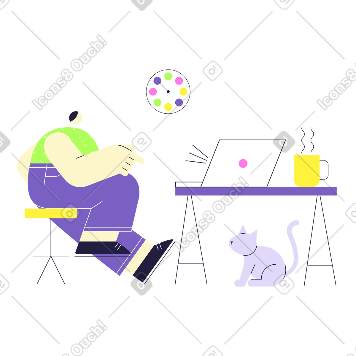 Home office morning routine with coffee and pet illustration in Mellow style download in PNG, SVG