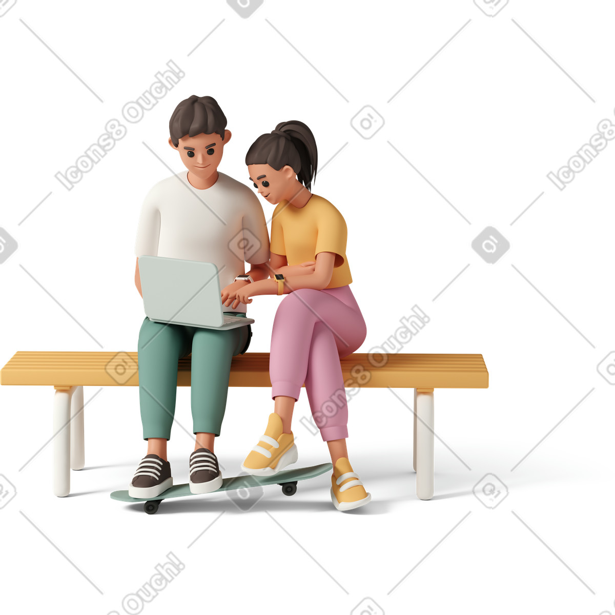 Giovane uomo e donna seduti su una panchina guardando il computer portatile con le gambe sullo skateboard illustrazione in stile 3D Casual life scarica in PNG, SVG
