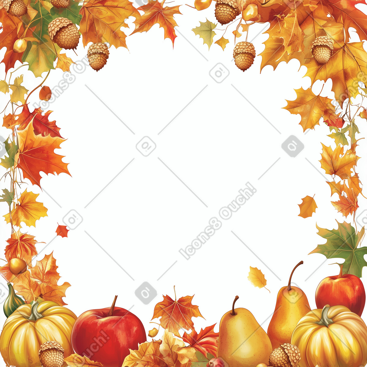 Frame with autumn leaves, apples, pears and pumpkins illustration in Postcards style download in PNG, SVG