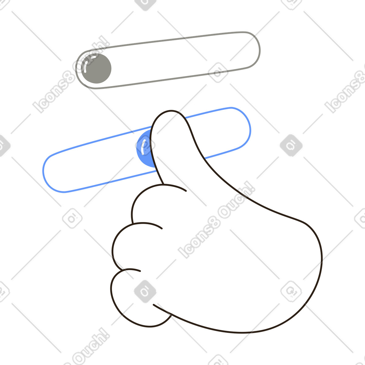 Hand activating toggle switch, user interface interaction, app settings control animated illustration in GIF, Lottie (JSON), AE
