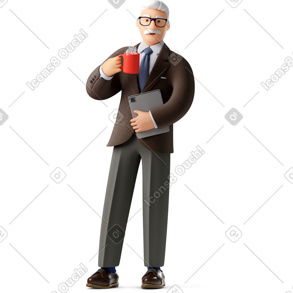 Illustration Vieil homme d'affaires en costume classique et lunettes avec une tasse de café tenant tablette dans le style 3D Business à télécharger aux formats PNG, SVG