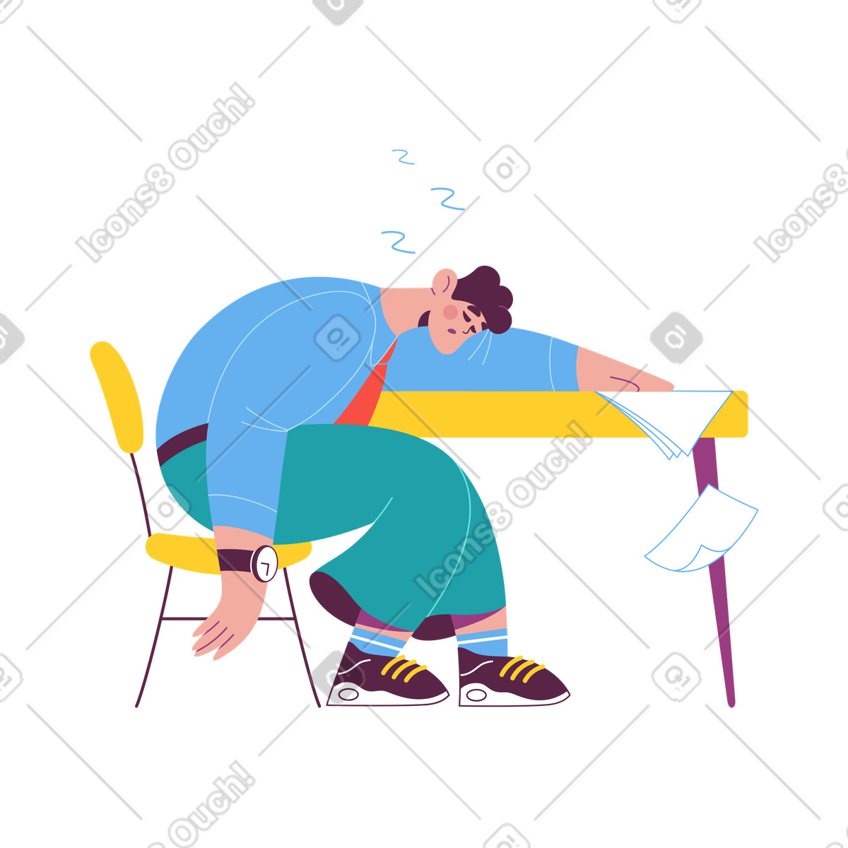 Employee sleeping at desk, Burnout prevention illustration in Sammy style download in PNG, SVG