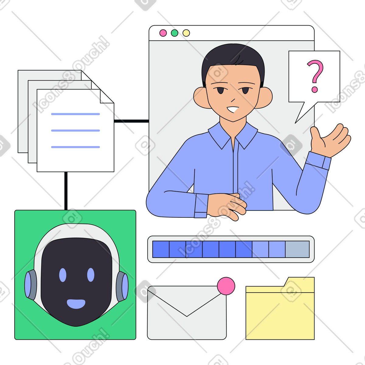 Virtual assistant helping with document handling, Conversational AI in help desk interface illustration in PNG, SVG
