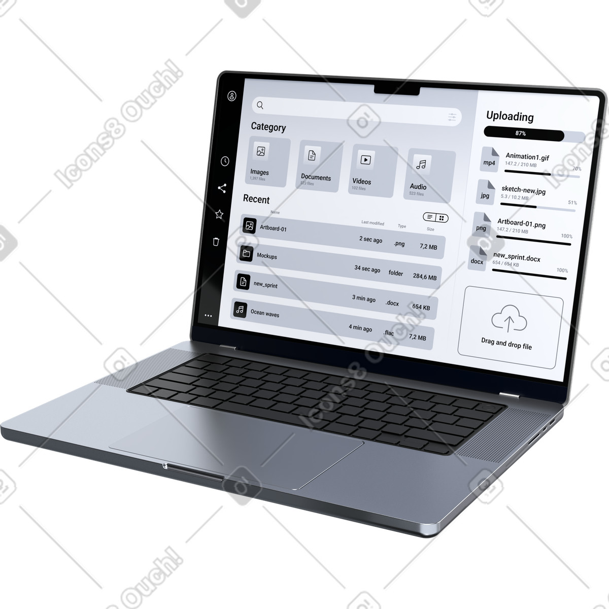 Dashboard di archiviazione cloud, interfaccia caricamento file, sistema gestione dati illustrazione in stile 3D Pro scarica in PNG, SVG