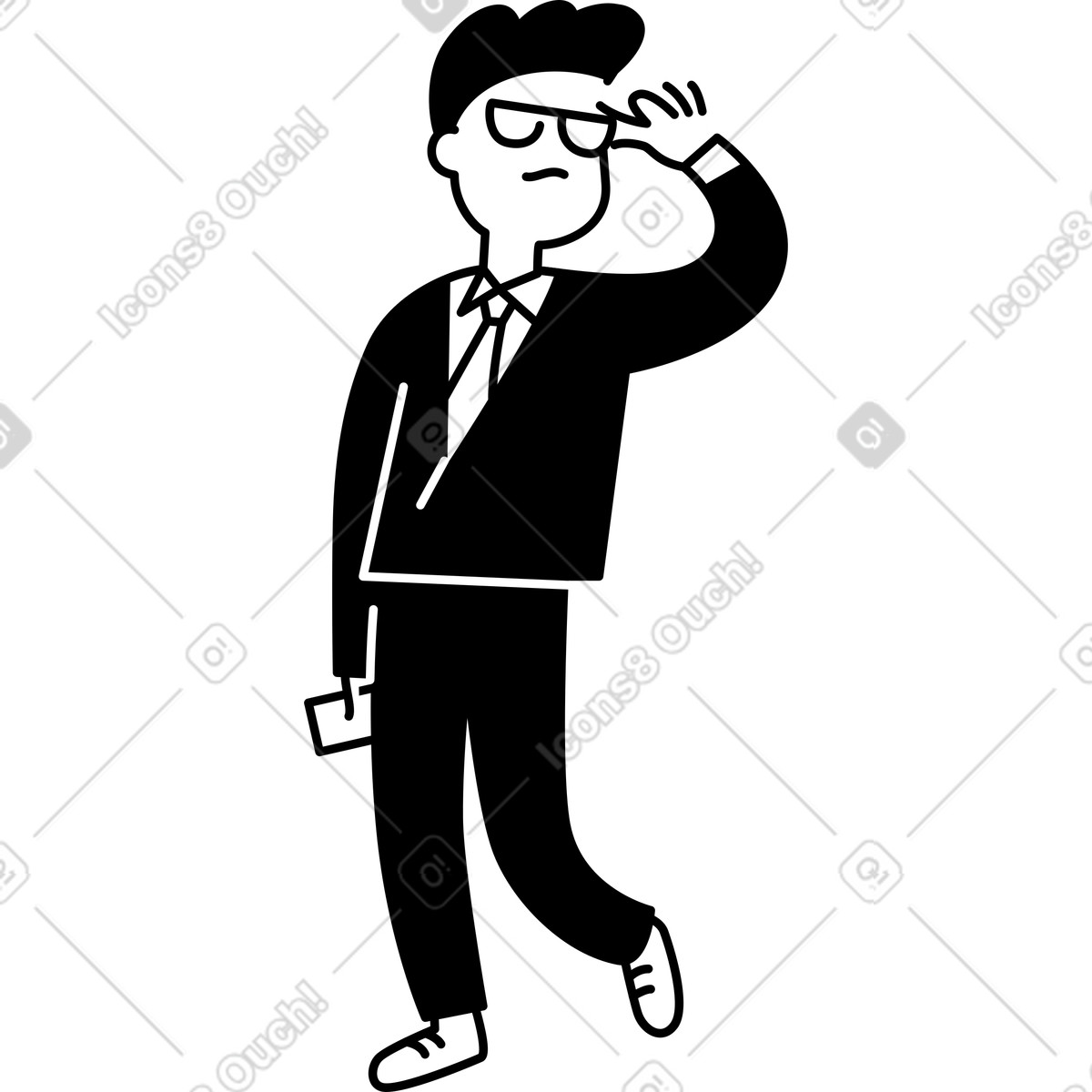 Businessman adjusting glasses walking confidently with briefcase and suit illustration in Notion Line Art style download in PNG, SVG