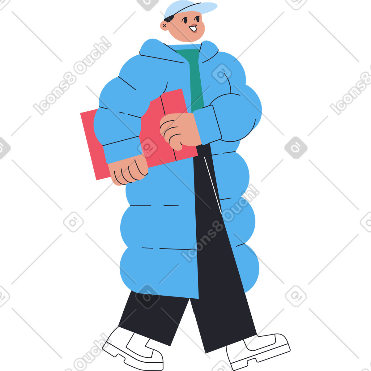 Ilustración Hombre vestido de invierno caminando con un regalo en estilo Boba a descargar en PNG y SVG