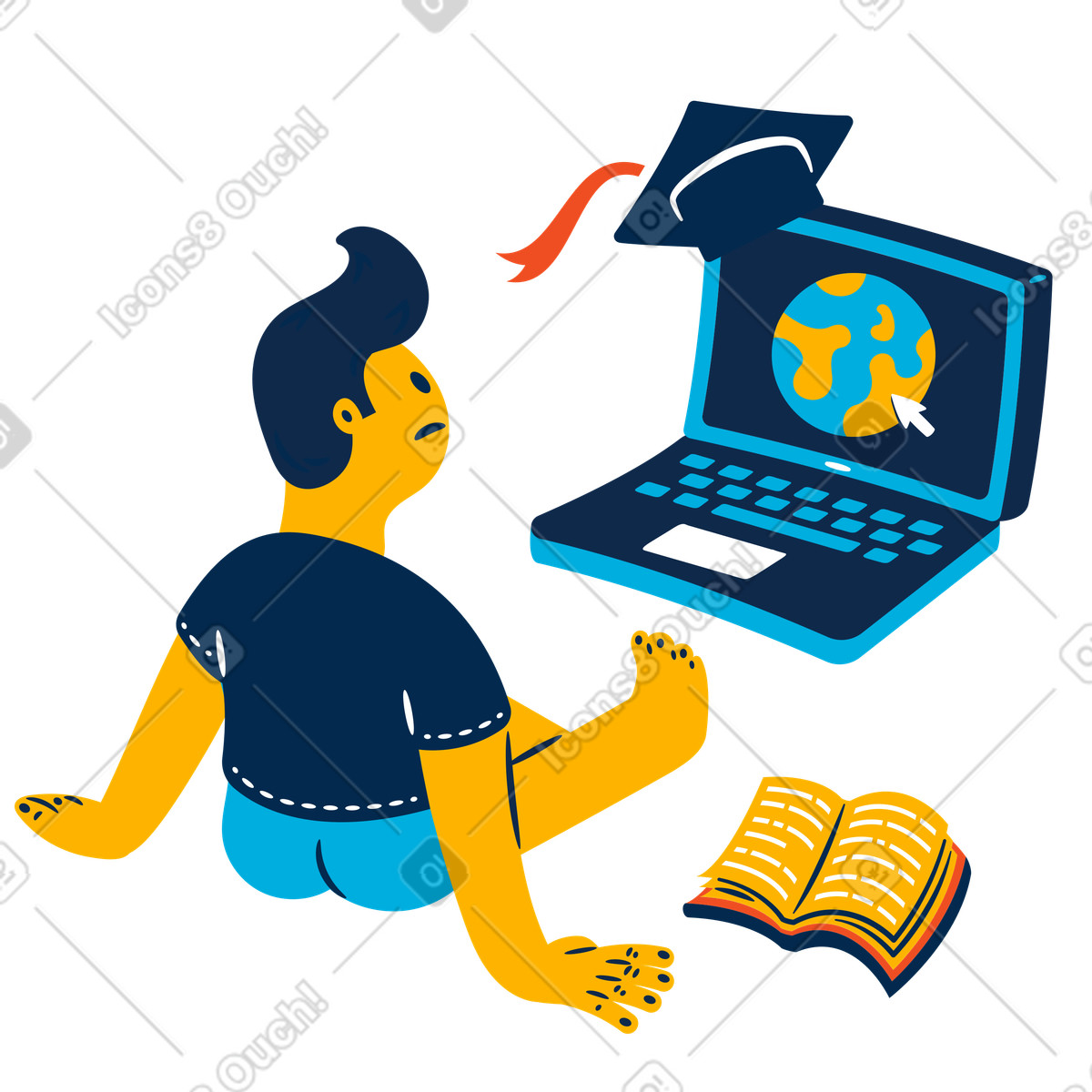 Man ready for studying and looking online university illustration in Flame style download in PNG, SVG