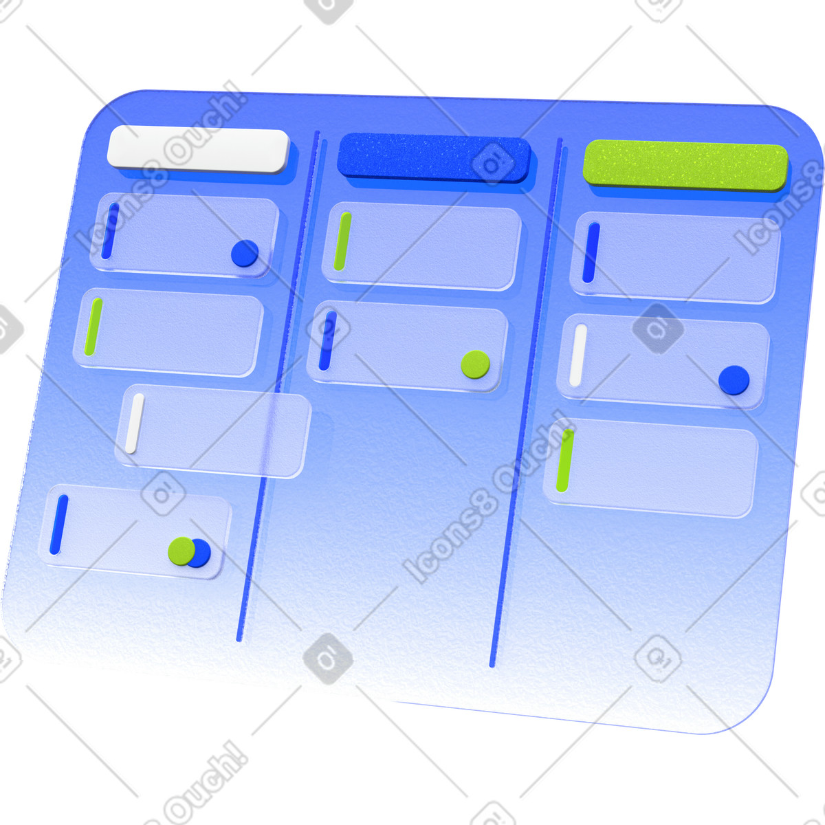 Illustration Tableau kanban, gestion des tâches, planificateur de flux travail agile dans le style 3D Enterprise à télécharger aux formats PNG, SVG