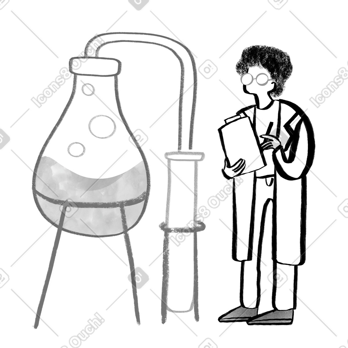 Black and white scientist looking at chemical experiment-Illustration im Company-Stil als Download in PNG, SVG