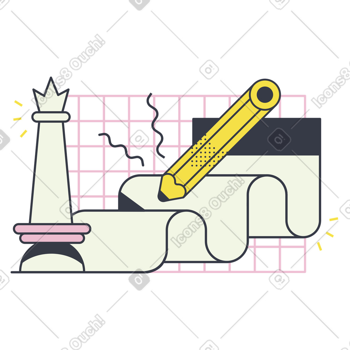 Chess queen, pencil and long paper, Strategy planning and Creative decision-making illustration in Abstract style download in PNG, SVG