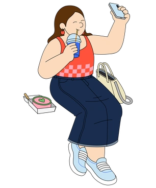 A woman enjoying a drink and using her phone - Kindy style illustration