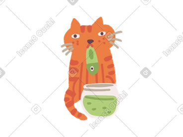 Cat catching fish from a bowl PNG, SVG