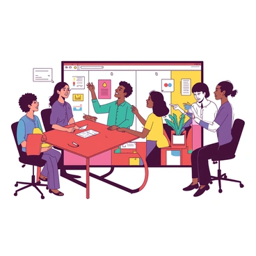 A group of individuals from various continents is gathered in front of a large video call screen. Each person is positioned in their own unique environment, showcasing elements representative of their culture. On the left, a person sits at a bright red table filled with traditional artifacts. In the center, a participant with a teal shirt gestures while standing in a modern office space. On the right, another individual with a yellow background participates, surrounded by plants and colorful posters. The video call screen displays their smiling faces, and their expressions convey collaboration and enthusiasm. Each person is engaged in the discussion, pointing to notes and documents on their respective workspaces.