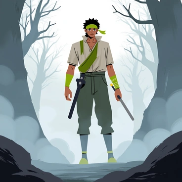 A tall figure of Zoro stands in a mystical landscape filled with thick, swirling fog. Zoro has a serious expression on his face as he scans the environment for clues. His green bandana is tied around his head, and his swords are sheathed at his side. The fog surrounds him, creating an air of mystery, with faint outlines of trees and rocks visible through the mist. Soft light filters through the fog, illuminating Zoro and casting shadows around him, enhancing the sense of intrigue and adventure.