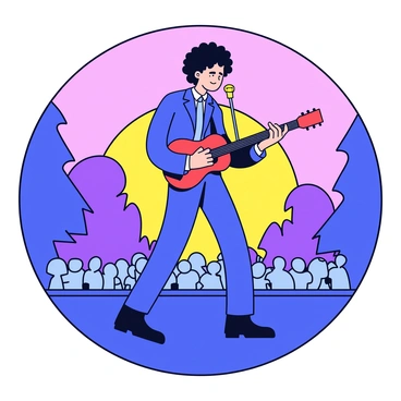 A silhouette of "Bob Dylan" standing on a stage at an outdoor concert. He is holding a guitar in one hand and a microphone in the other. The sun is setting behind him, casting an orange and purple glow in the sky. The outline of trees and a crowd of people can be seen in the background, creating a lively atmosphere. The scene captures the moment of performance with energy and anticipation.