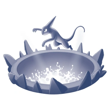 A sleek, amphibious creature with blue skin and a distinctive mask is captured mid-leap above a large, circular crater filled with bubbling lava. Its limbs are outstretched, showcasing its agility and dynamic motion. The background is dominated by jagged, rocky terrain surrounding the crater, with plumes of smoke rising from the lava below. The creature's eyes are narrowed in concentration, reflecting its intense focus on the leap. The scene conveys a sense of urgency and action as the Greninja navigates the perilous environment.