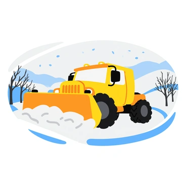 A bright yellow truck is plowing through a snowy countryside road. The truck has large, rugged tires that leave deep tracks in the thick snow. Snowflakes are gently falling around, creating a winter atmosphere. The road is flanked by bare trees dusted with snow. In the background, rolling hills covered in white stretch into the distance. The sky is a soft gray, indicating a chilly winter day. The truck’s headlights are on, illuminating the swirling snow in front of it.