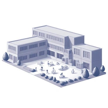 A large school building with multiple stories featuring numerous windows. Each classroom has distinct architectural designs, showcasing various shapes like rectangles and squares. The playground area includes a variety of equipment such as swings, slides, and climbing structures. There are children engaging in various activities throughout the playground, with some playing on the equipment and others interacting in small groups. The landscaping around the school includes trees and shrubs, enhancing the environment.